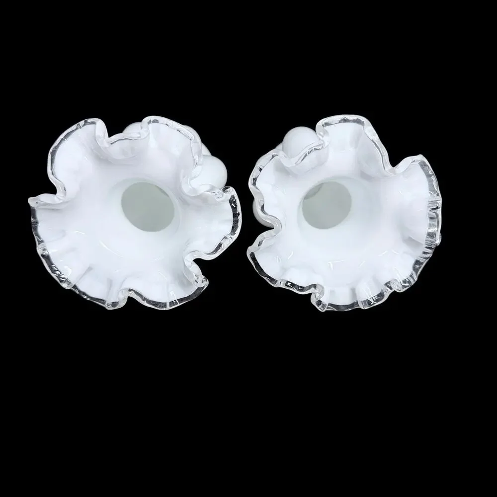 Vtg Fenton White Milk Glass Vase Clear Silver Crest Ruffled Rim Set of 2 Small
